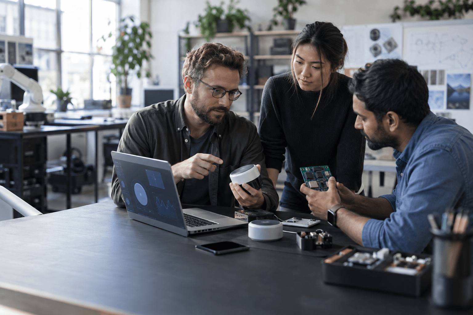 Product engineers testing connected hardware and software together