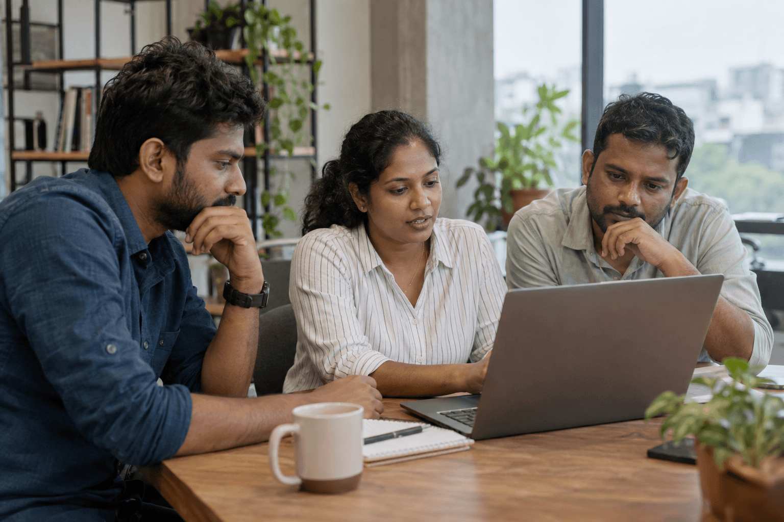 Illustrative scene of software colleagues collaborating around a laptop in a naturally lit office