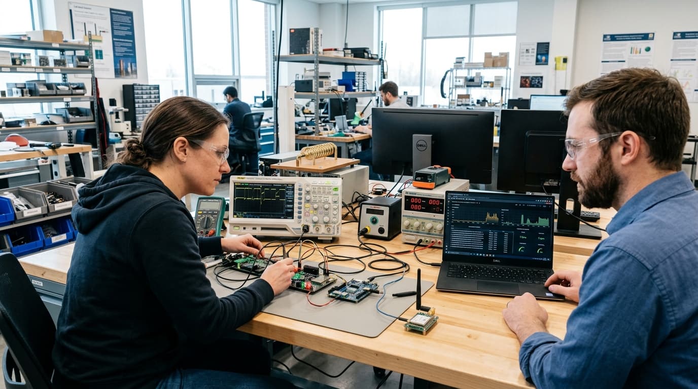 Electronics and connected systems lab with engineers testing IoT sensors