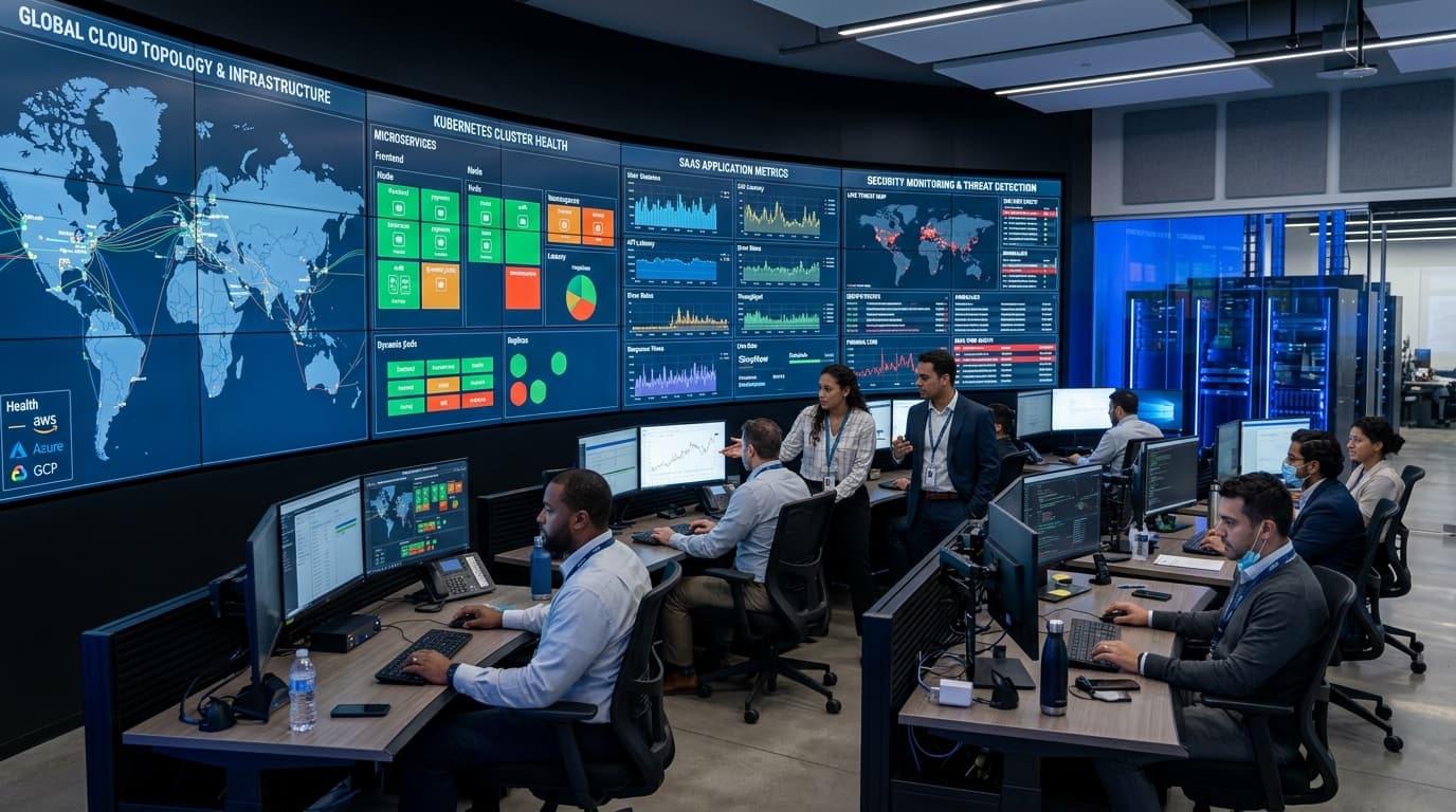 Enterprise cloud operations command center with real-time system monitoring displays